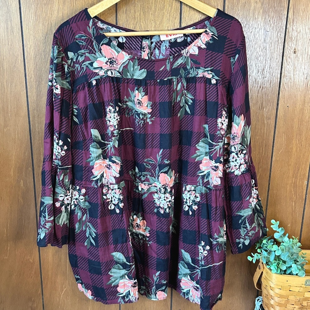 EVRI Women's Burgundy Plaid Floral Tiered Bell Sleeve Tunic Top Plus Size 1X‎